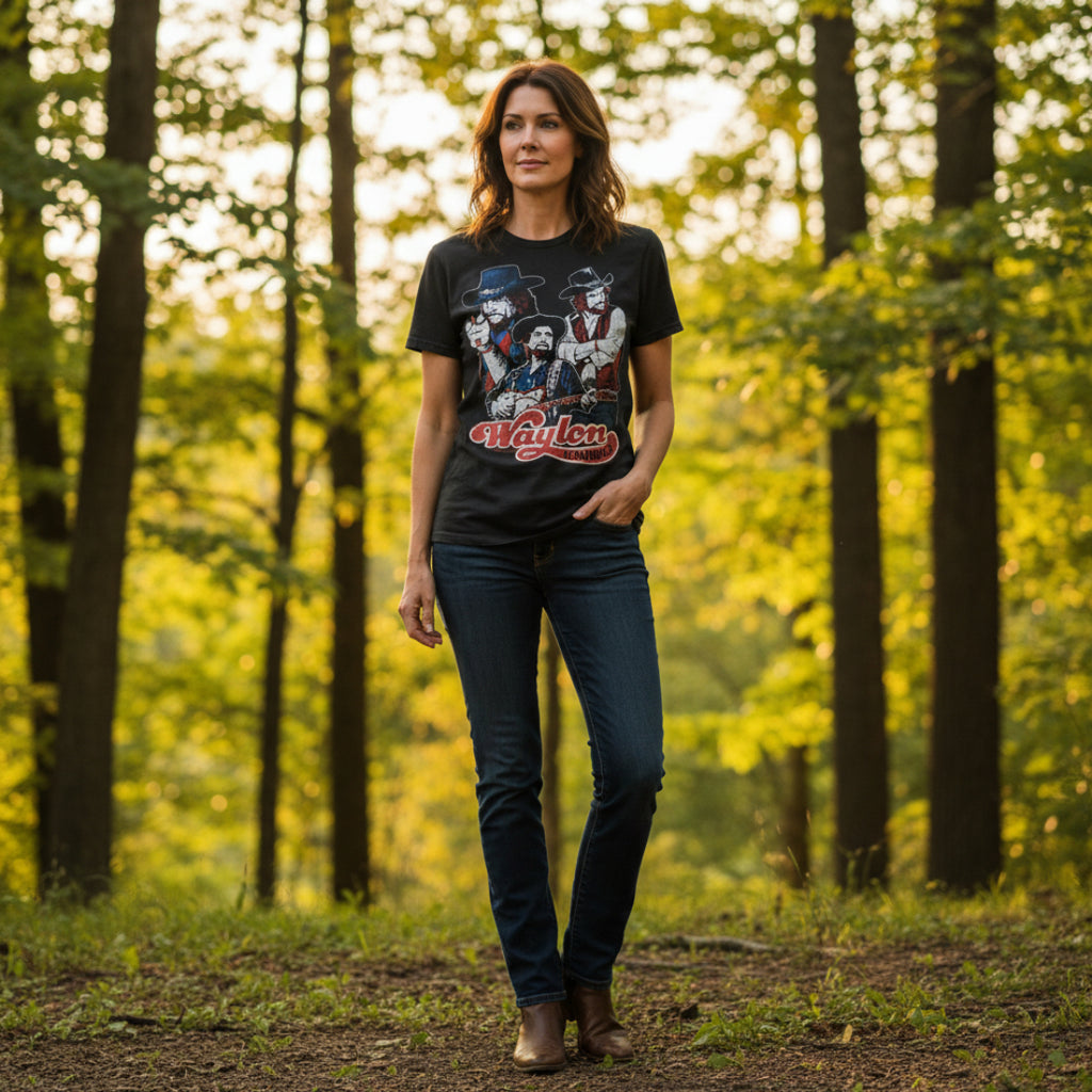 WOMAN WEARING WAYLON JENNINGS TEE WYJ504S, WYJ504M, WYJ504L, WYJ504XL, WYJ504XXL