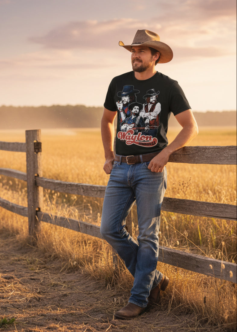 MAN WEARING Black t-shirt with graphic of Waylon Jennings and text on WYJ504S, WYJ504M, WYJ504L, WYJ504XL, WYJ504XXL