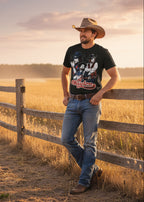 MAN WEARING Black t-shirt with graphic of Waylon Jennings and text on WYJ504S, WYJ504M, WYJ504L, WYJ504XL, WYJ504XXL