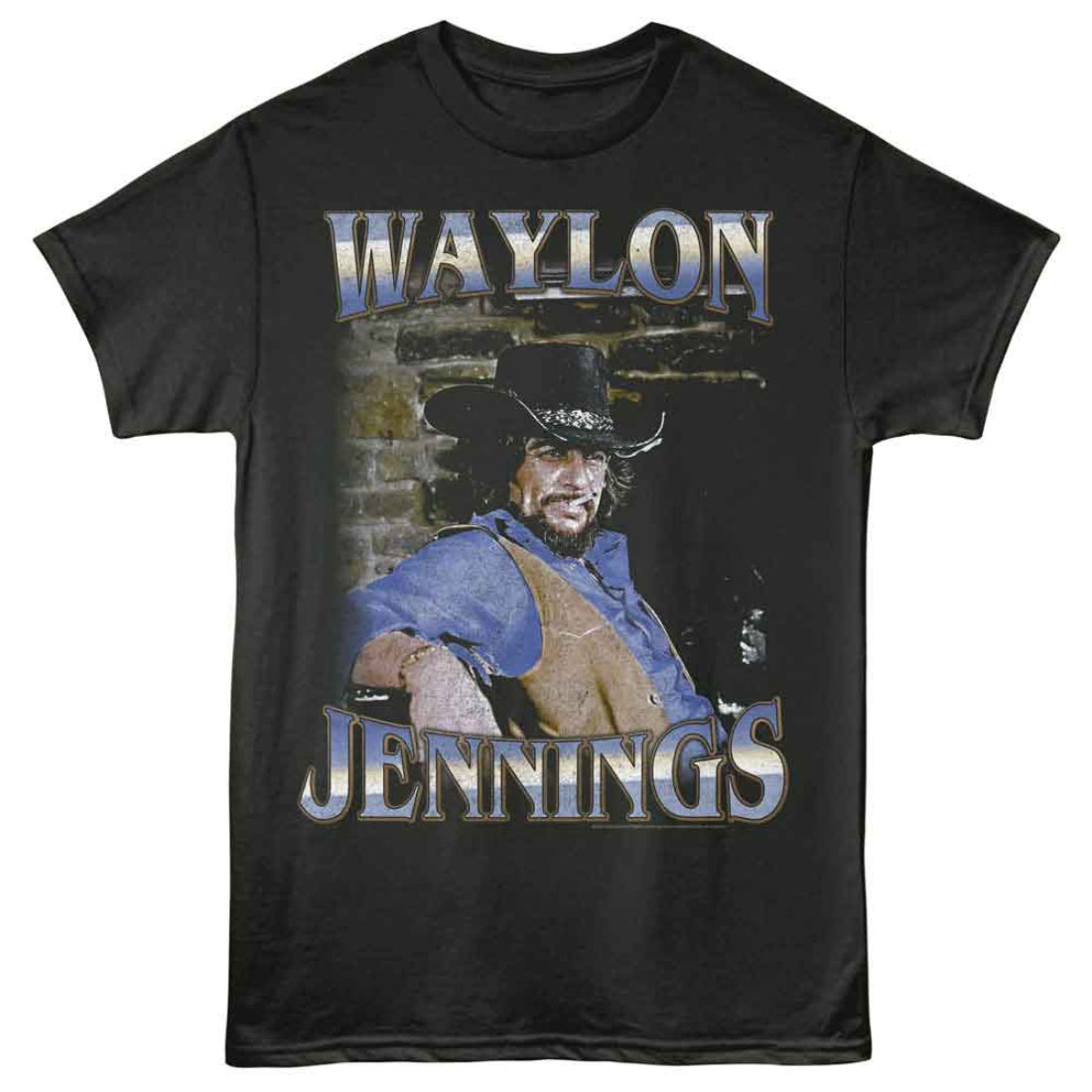 Black t-shirt with Waylon Jennings graphic design on a white background