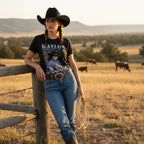 WOMAN WEARING Black t-shirt with Waylon Jennings graphic design WYJ504S, WYJ504M, WYJ504L, WYJ504XL, WYJ504XXL, WYJ504XXXL, WYJ504XXXXL, WYJ504XXXXXL