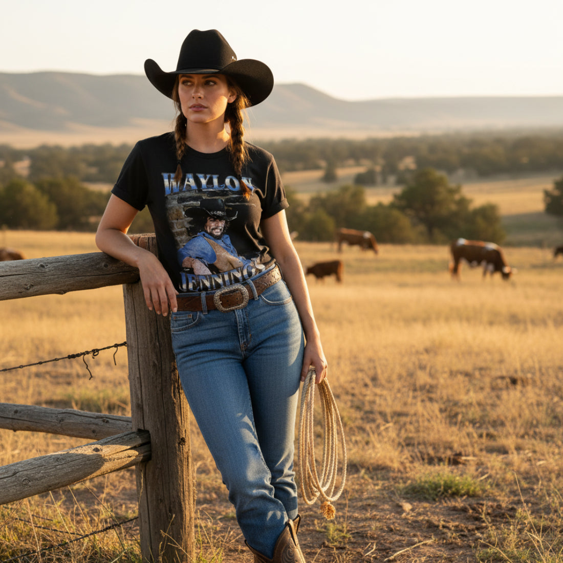 WOMAN WEARING Black t-shirt with Waylon Jennings graphic design WYJ504S, WYJ504M, WYJ504L, WYJ504XL, WYJ504XXL, WYJ504XXXL, WYJ504XXXXL, WYJ504XXXXXL