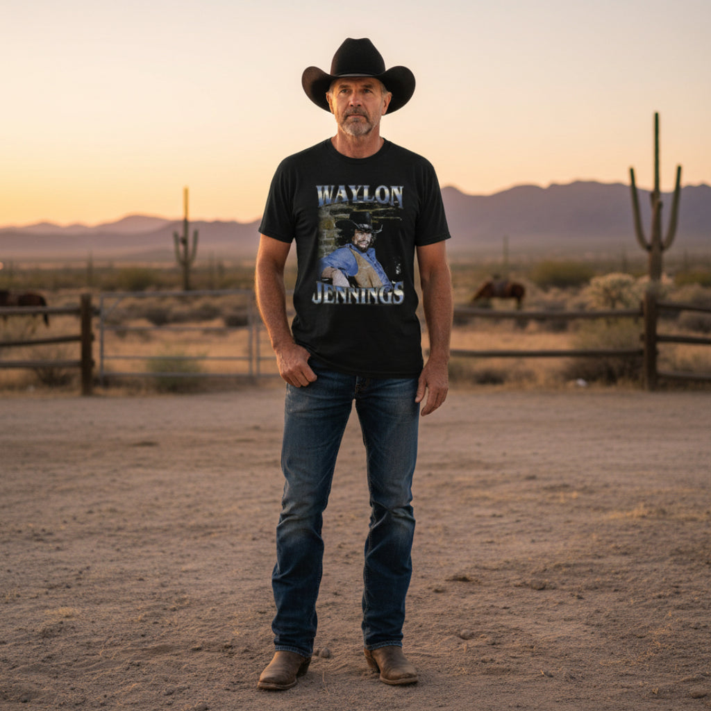 MAN WARING Black t-shirt with Waylon Jennings graphic design WYJ504S, WYJ504M, WYJ504L, WYJ504XL, WYJ504XXL, WYJ504XXXL, WYJ504XXXXL, WYJ504XXXXXL