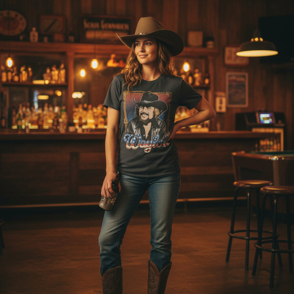 WOAMN WEARING Black t-shirt with a graphic of a man in a cowboy hat and leather jacket, with 'Waylon' text below, WYJ504S, WYJ504M, WYJ504L, WYJ504XL, WYJ504XXL