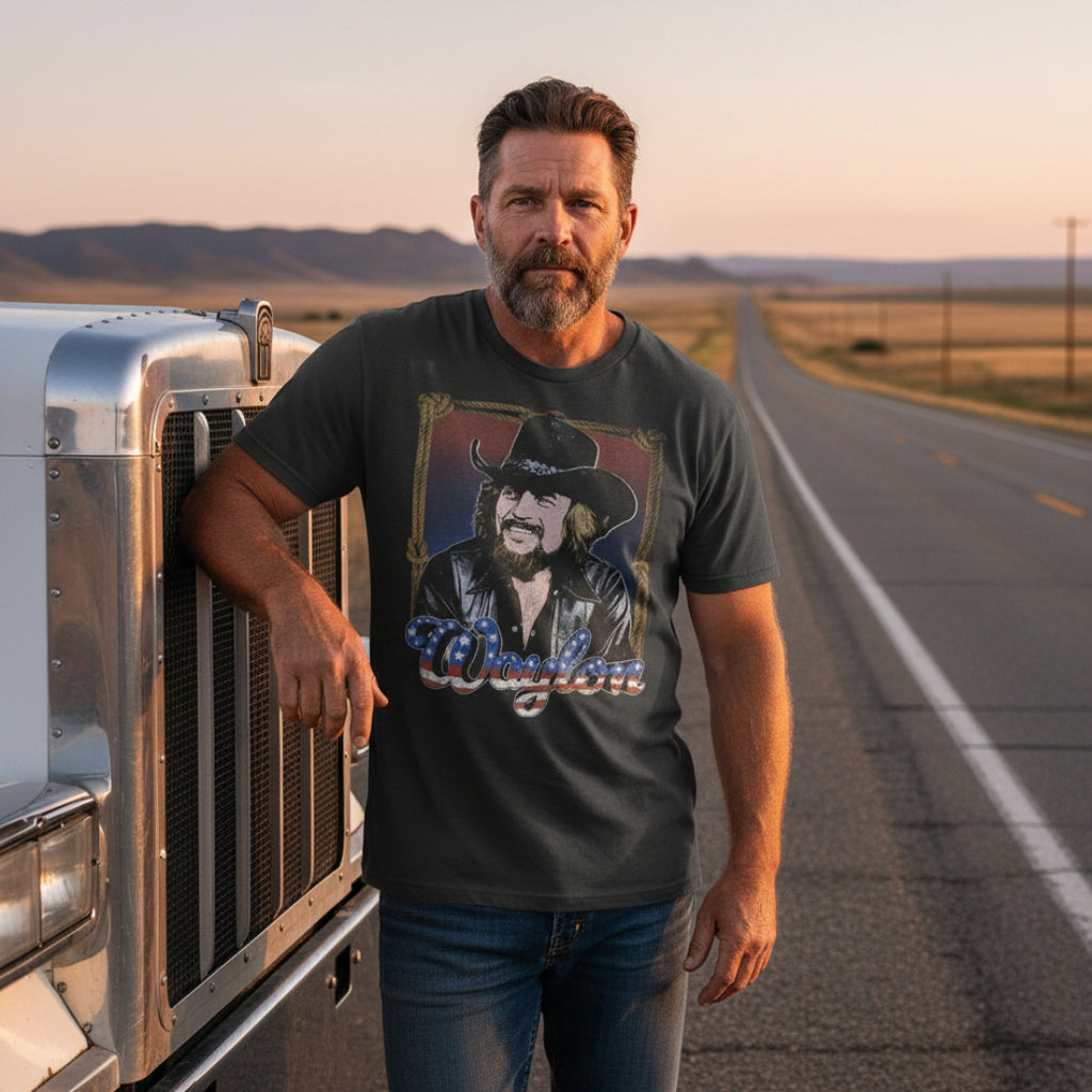MAN WEARING Black t-shirt with a graphic of a man in a cowboy hat and leather jacket, with 'Waylon' text below, WYJ504S, WYJ504M, WYJ504L, WYJ504XL, WYJ504XXL