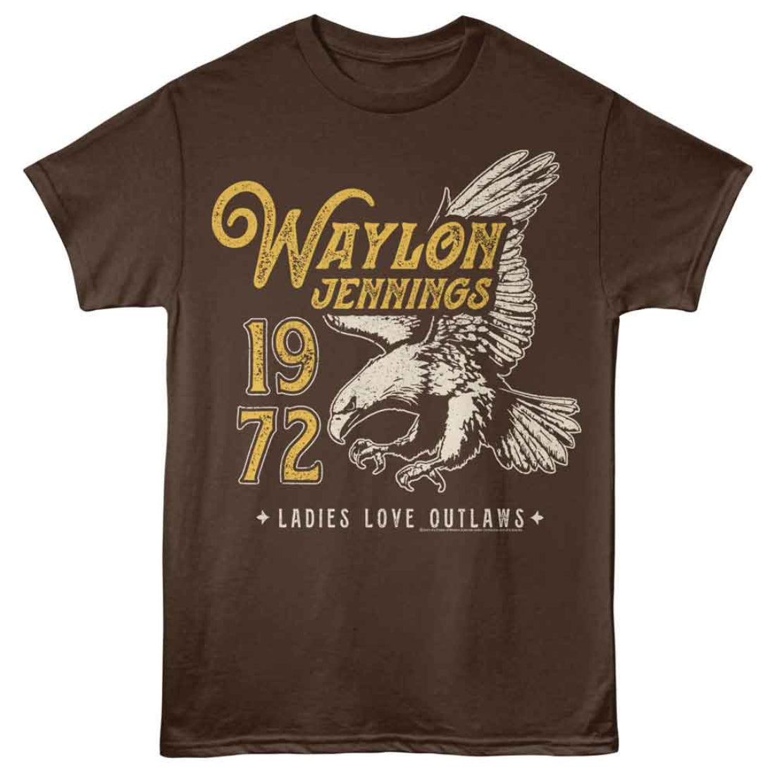 Brown t-shirt with Waylon Jennings graphic and eagle design on a white background