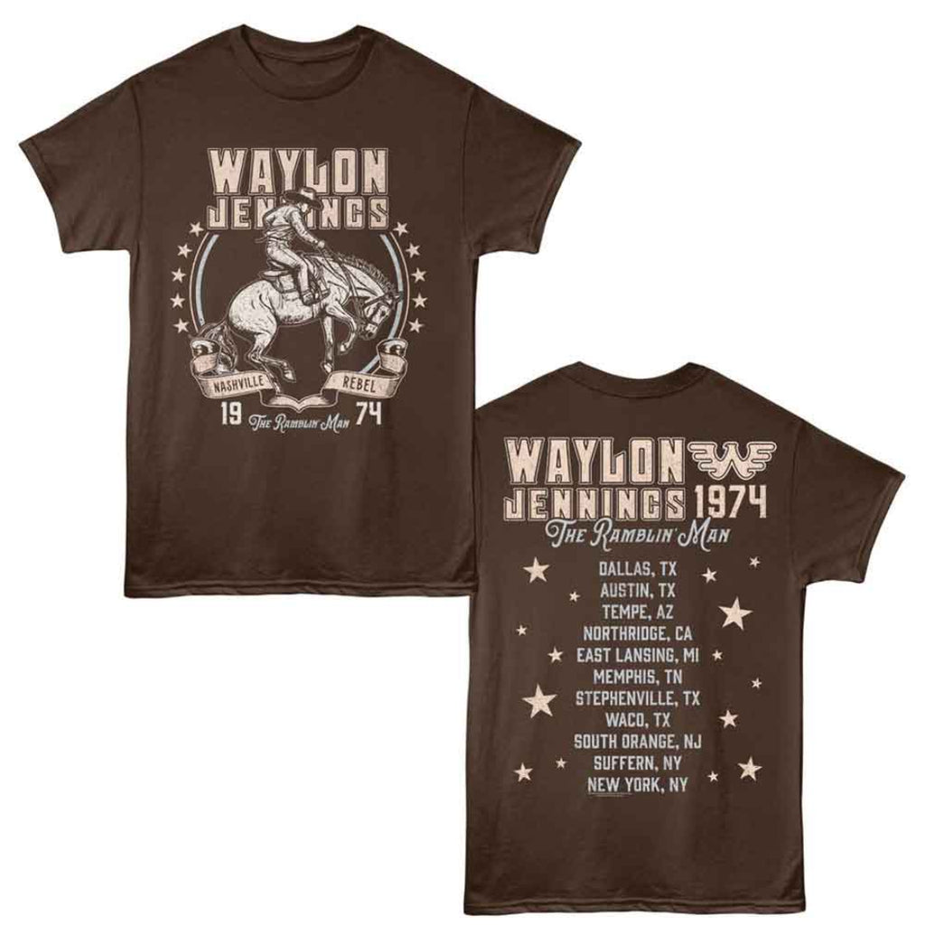 Brown t-shirt with Waylon Jennings graphic and text on a white background