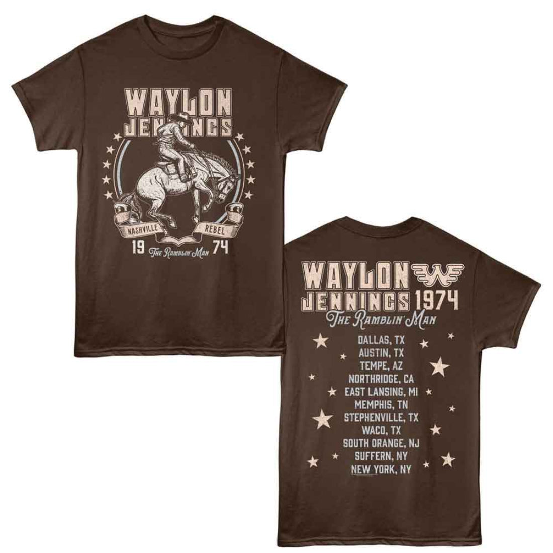 Brown t-shirt with Waylon Jennings graphic and text on a white background