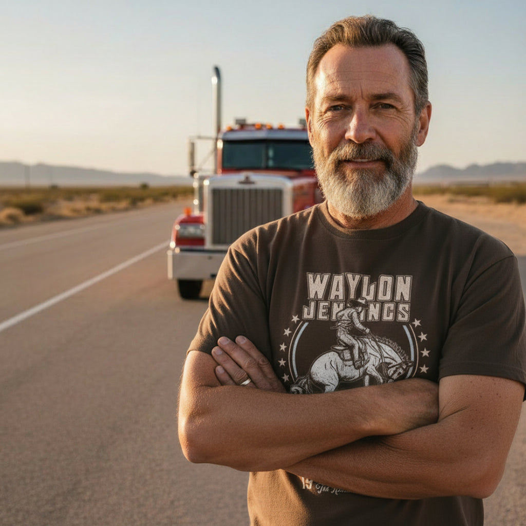 MAN WEARING Brown t-shirt with Waylon Jennings graphic and text WYJ504S, WYJ504M, WYJ504L, WYJ504XL, WYJ504XXL, WYJ504XXXL, WYJ504XXXXL, WYJ504XXXXXL