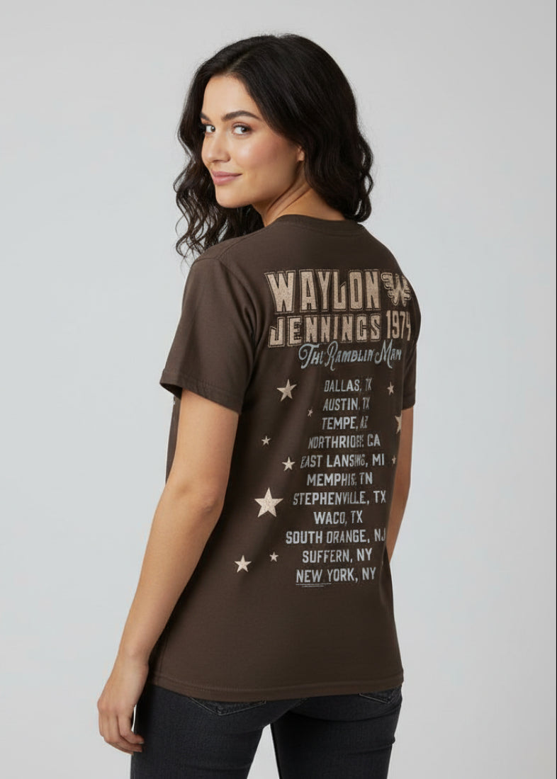 WOMAN WEARING Brown t-shirt with Waylon Jennings graphic and text WYJ504S, WYJ504M, WYJ504L, WYJ504XL, WYJ504XXL, WYJ504XXXL, WYJ504XXXXL, WYJ504XXXXXL
