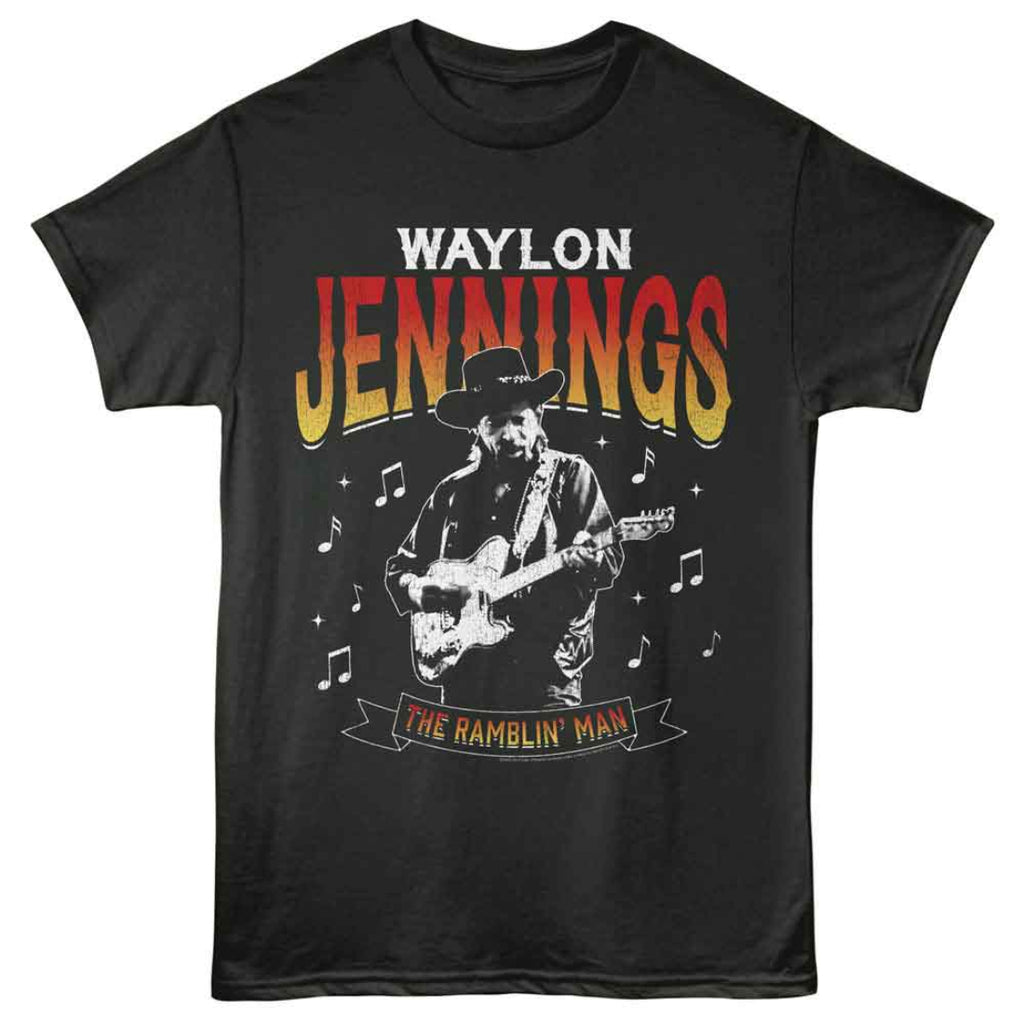 Black t-shirt with Waylon Jennings graphic design on a white background