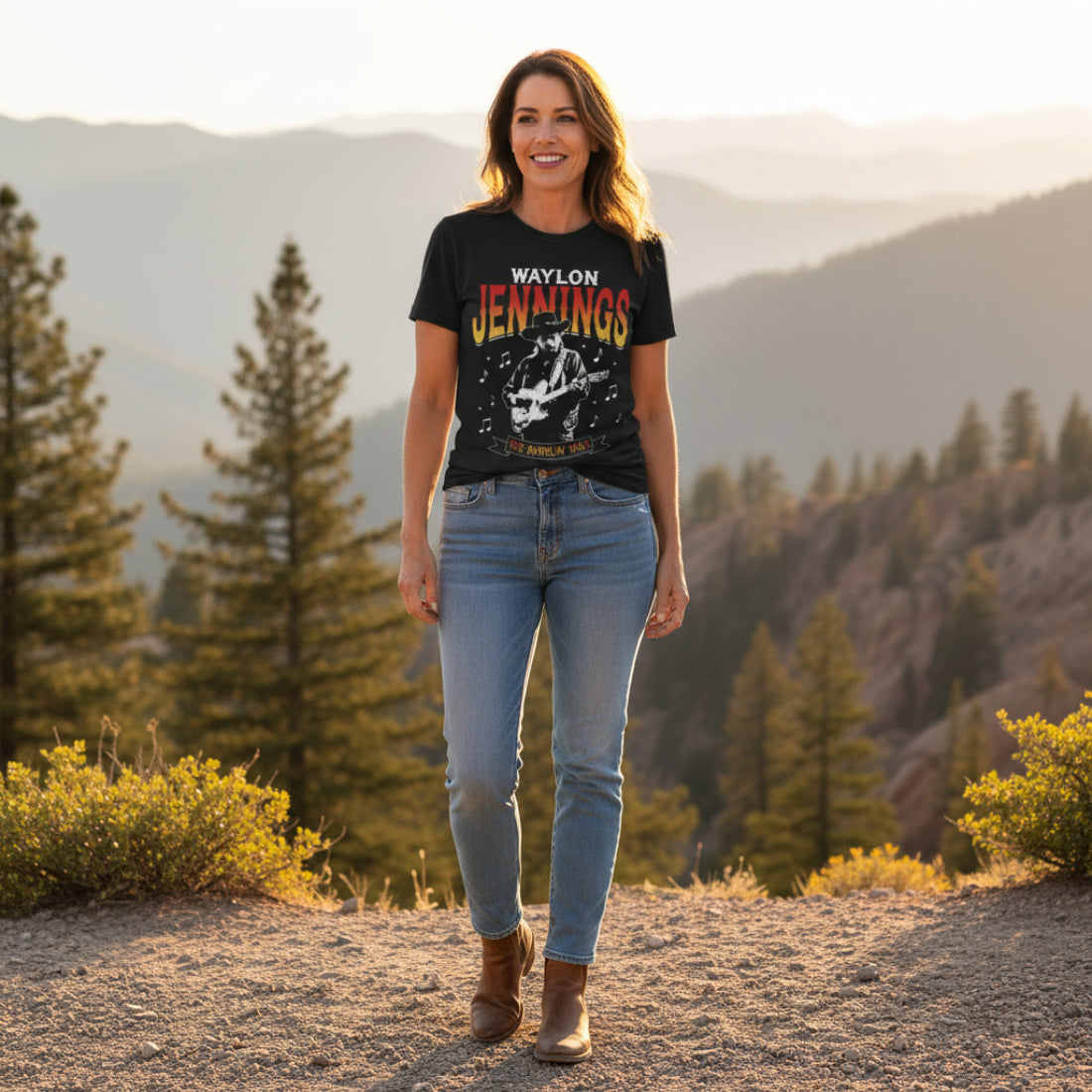 WOMAN WEARING Black t-shirt with Waylon Jennings graphic design WYJ504S, WYJ504M, WYJ504L, WYJ504XL, WYJ504XXL, WYJ504XXXL, WYJ504XXXXL, WYJ504XXXXXL