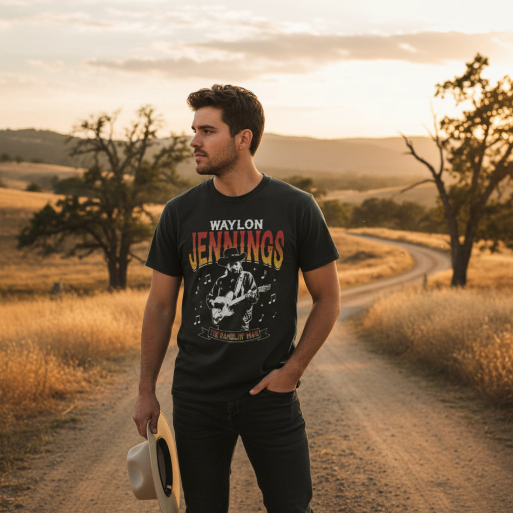 MAN WEARING Black t-shirt with Waylon Jennings graphic design WYJ504S, WYJ504M, WYJ504L, WYJ504XL, WYJ504XXL, WYJ504XXXL, WYJ504XXXXL, WYJ504XXXXXL