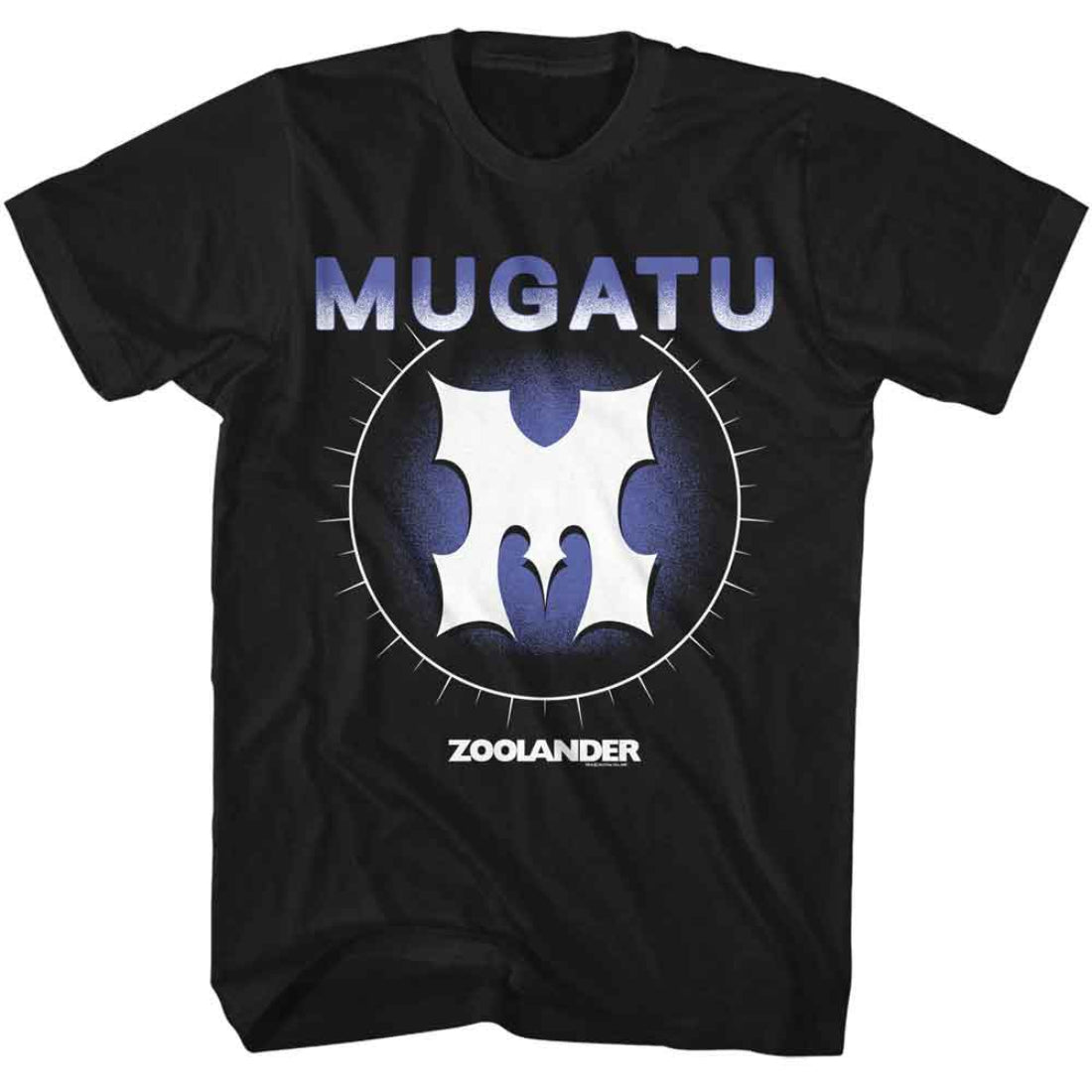 Black t-shirt with 'Mugatu' and 'Zoolander' design on a white background