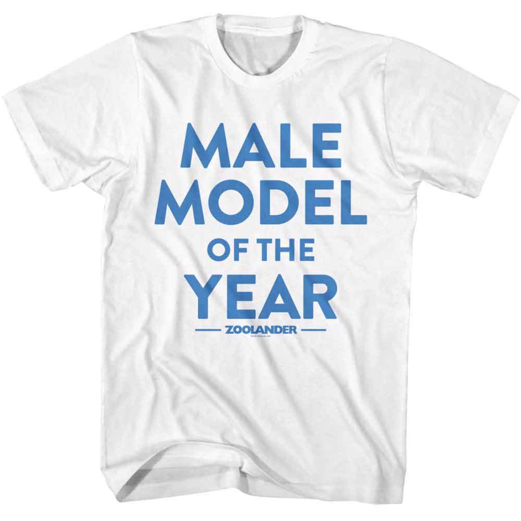 White t-shirt with blue text 'Male Model of the Year' on a white background