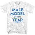 White t-shirt with blue text 'Male Model of the Year' on a white background