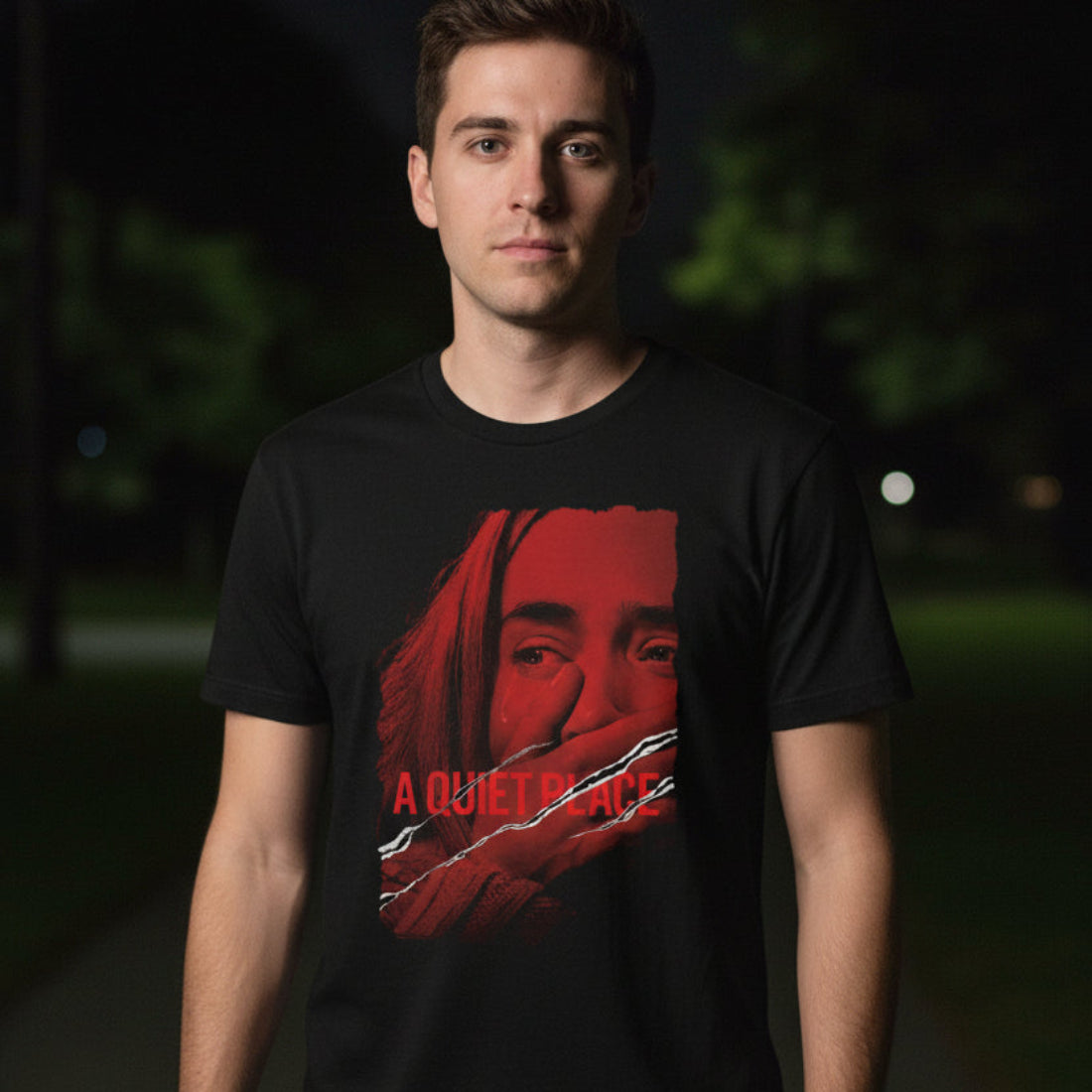 MAN WEARING A QUIET PLACE TEE AQP501S, AQP501M, AQP501L, AQP501XL, AQP501XXL, AQP501XXXL, AQP501XXXXL, AQP501XXXXXL
