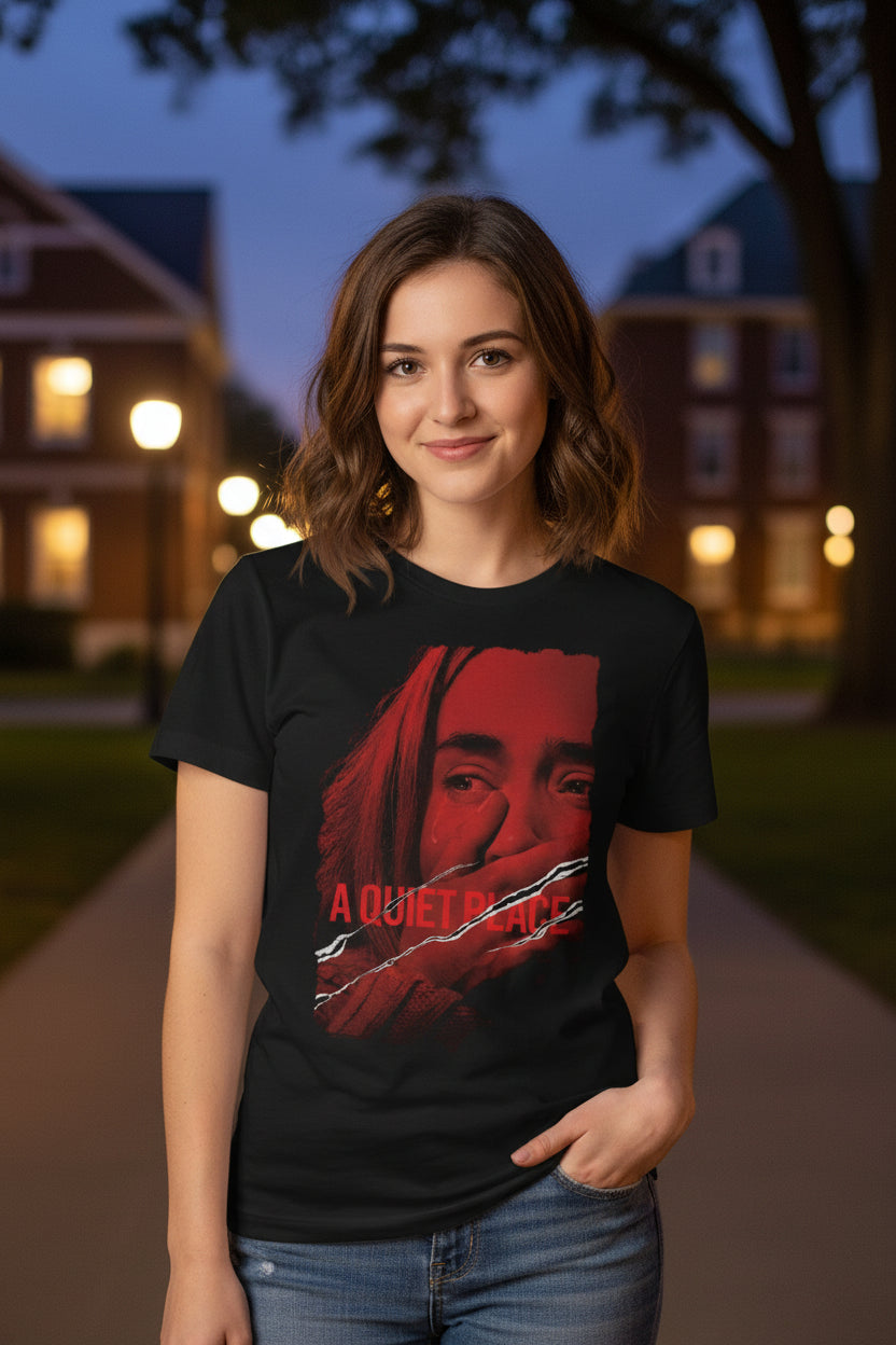 WOMAN WEARING A QUIET PLACE TEE AQP501S, AQP501M, AQP501L, AQP501XL, AQP501XXL, AQP501XXXL, AQP501XXXXL, AQP501XXXXXL