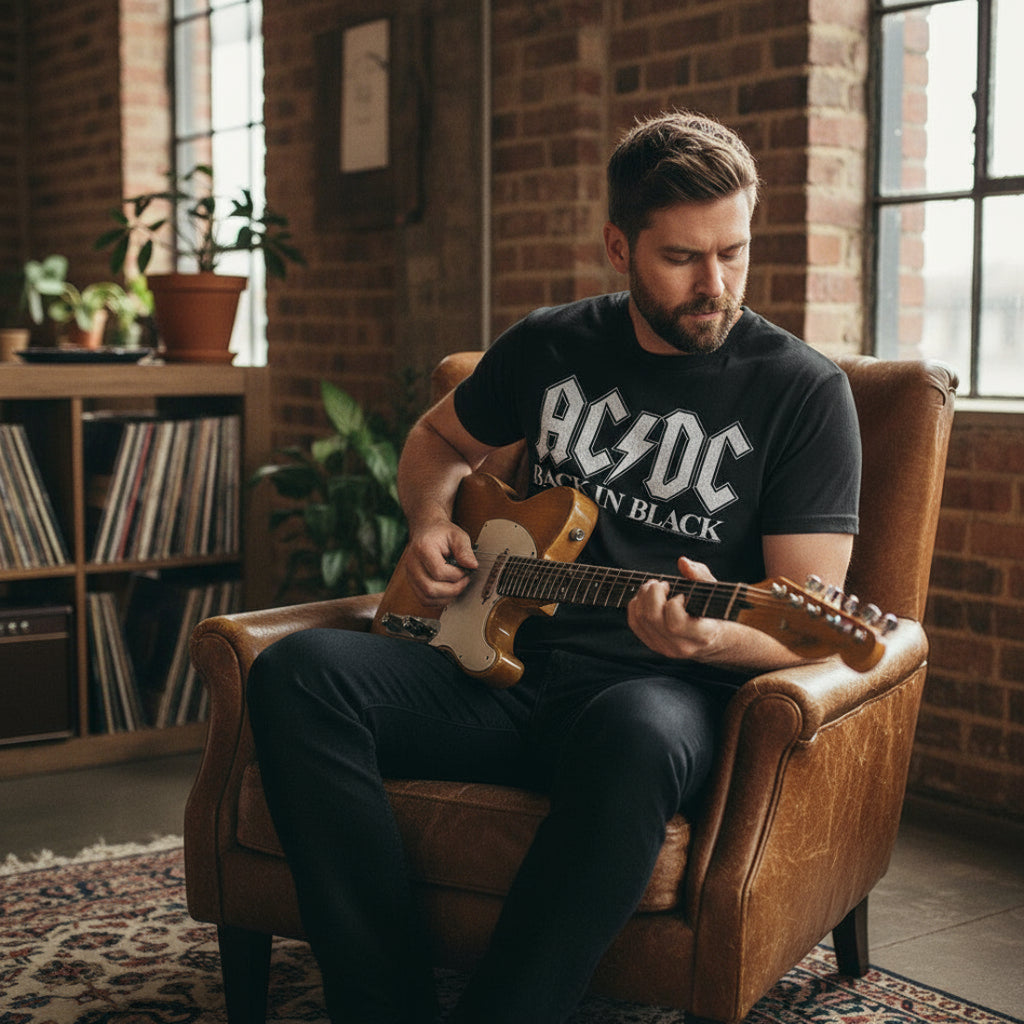 Man wearing Black t-shirt with AC/DC logo and 'Back in Black' ACDC523S, ACDC523M, ACDC523L, ACDC523XL, ACDC523XXL, ACDC523XXXL, ACDC523XXXXL, ACDC523XXXXL