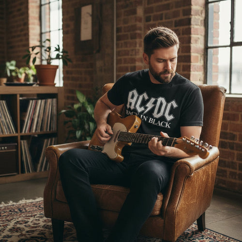 Man wearing Black t-shirt with AC/DC logo and 'Back in Black' ACDC523S, ACDC523M, ACDC523L, ACDC523XL, ACDC523XXL, ACDC523XXXL, ACDC523XXXXL, ACDC523XXXXL