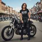 Woman wearing Black t-shirt with AC/DC logo and 'Back in Black' text ACDC523S, ACDC523M, ACDC523L, ACDC523XL, ACDC523XXL, ACDC523XXXL, ACDC523XXXXL, ACDC523XXXXXL