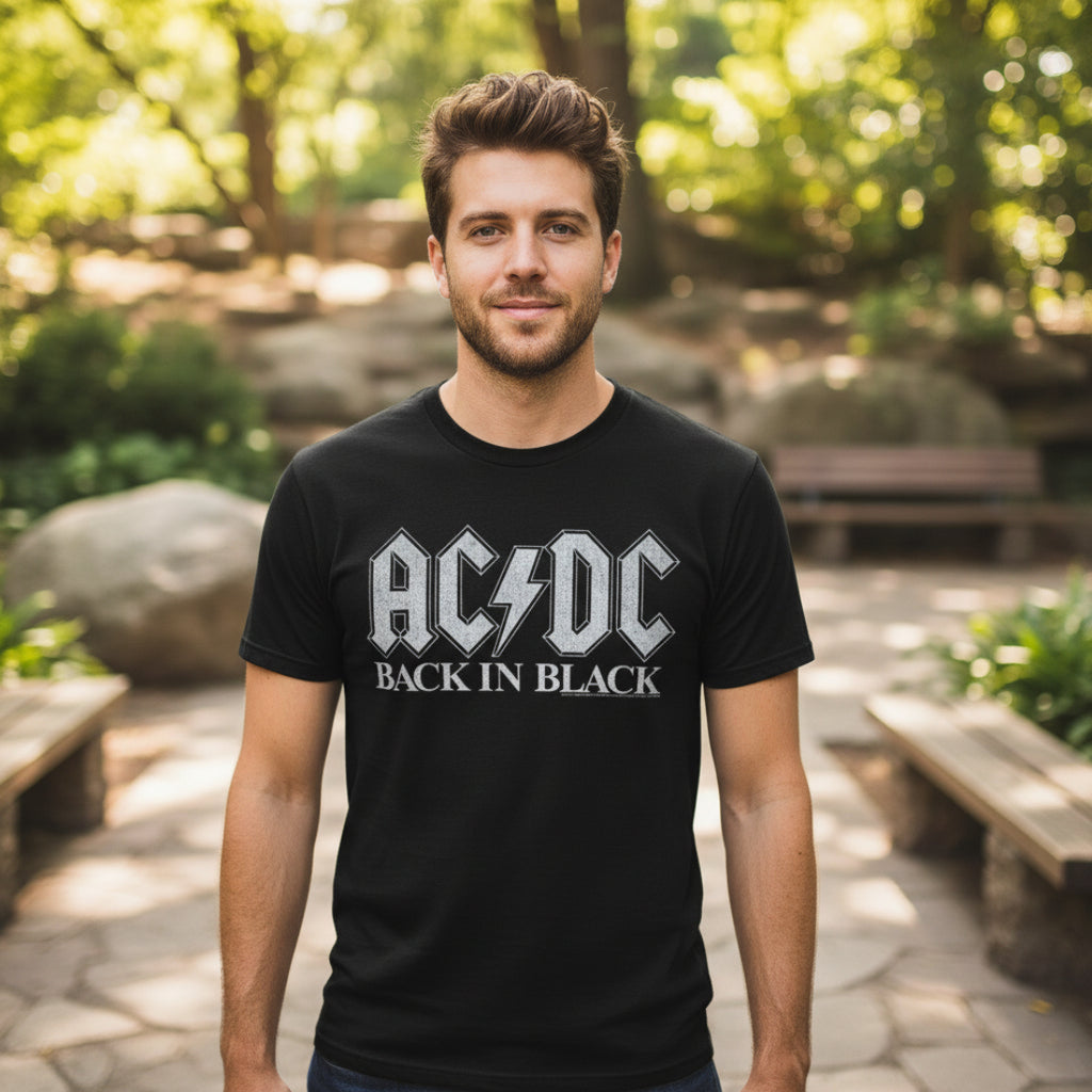 MAN WEARING ACDC BACK IN BLACK TEE ACDC519S, ACDC519M, ACDC519L, ACDC519XL, ACDC519XXL, ACDC519XXXL, ACDC519XXXXL, ACDC519XXXXXL