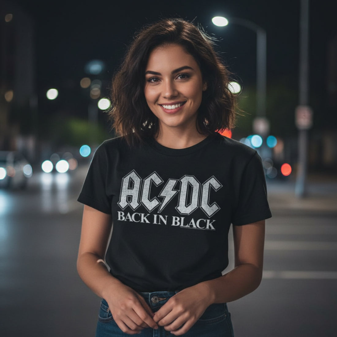 WOMAN WEARING ACDC BACK IN BLACK TEE ACDC519S, ACDC519M, ACDC519L, ACDC519XL, ACDC519XXL, ACDC519XXXL, ACDC519XXXXL, ACDC519XXXXXL