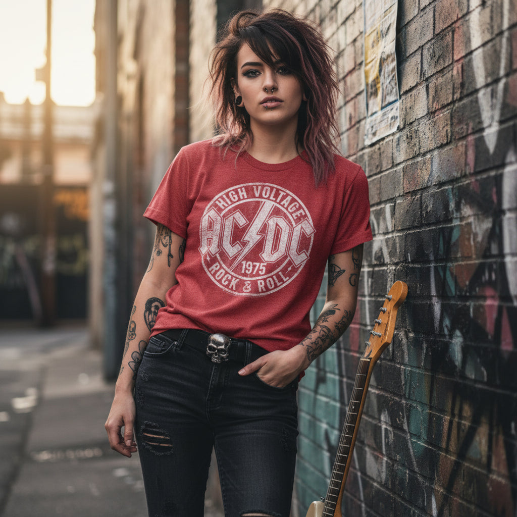 Woman wearing Red t-shirt with AC/DC logo ACDC588S, ACDC588M, ACDC588L, ACDC588XL, ACDC588XXL, ACDC588XXXL, ACDC588XXXXL, ACDC588XXXXXL