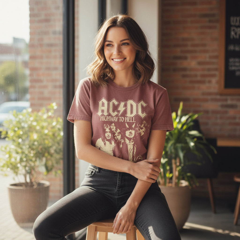 WOMAN WEARING Red t-shirt with AC/DC graphic and 'Highway to Hell' text ACDC5198-CCS, ACDC5198-CCM, ACDC5198-CCL, ACDC5198-CCXL, ACDC5198-CCXXL