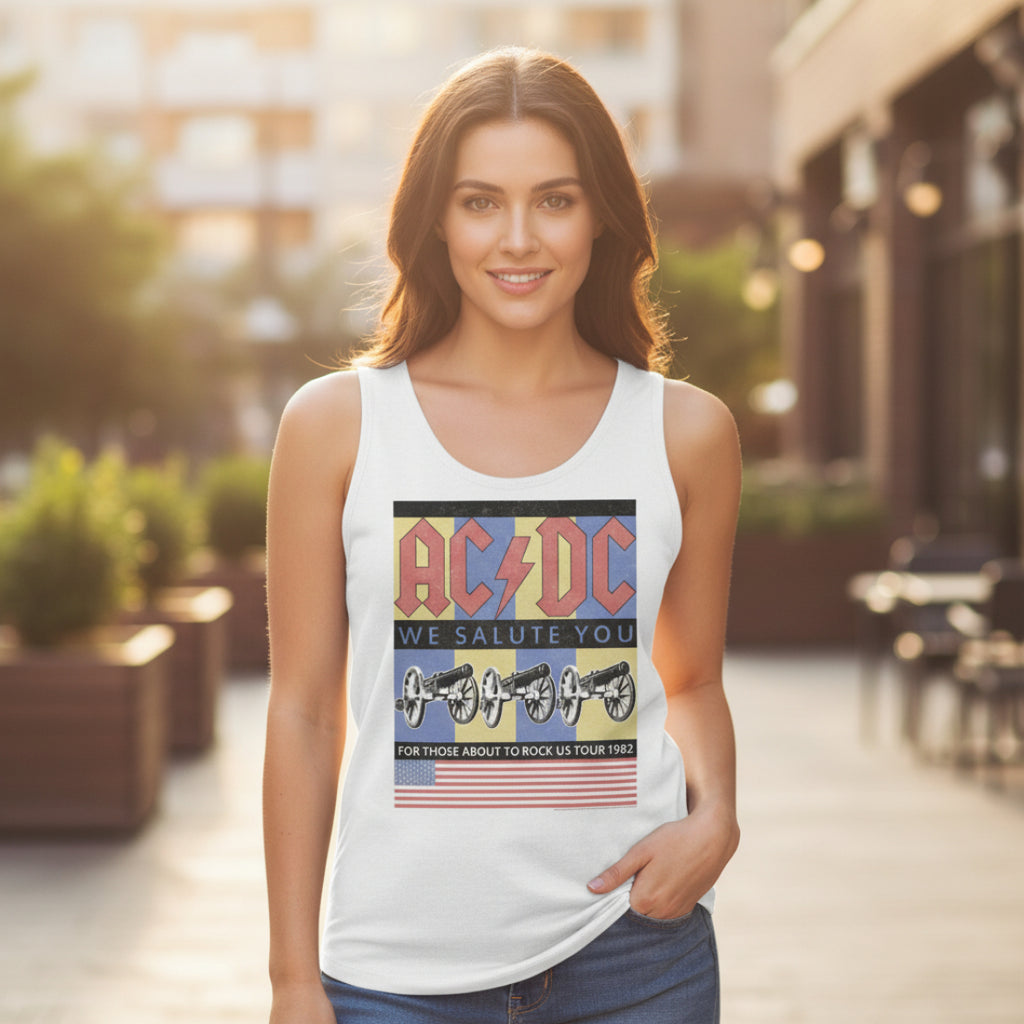 WOMAN WEARING AC/DC TANK TOP ACDC5172-329S, ACDC5172-329M, ACDC5172-329L, ACDC5172-329XL, ACDC5172-329XXL
