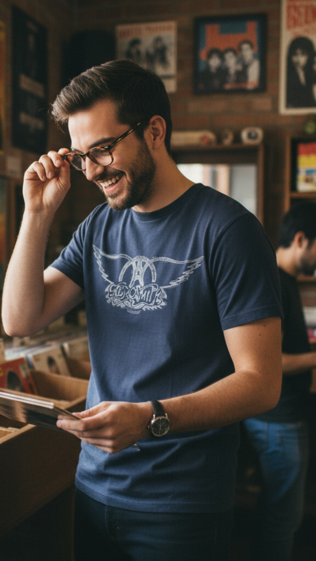 Man wearing Navy blue t-shirt with Aerosmith logo AERO571S, AERO571M, AERO571L, AERO571XL, AERO571XXL, AERO571XXXL, AERO571XXXXL, AERO571XXXXXL