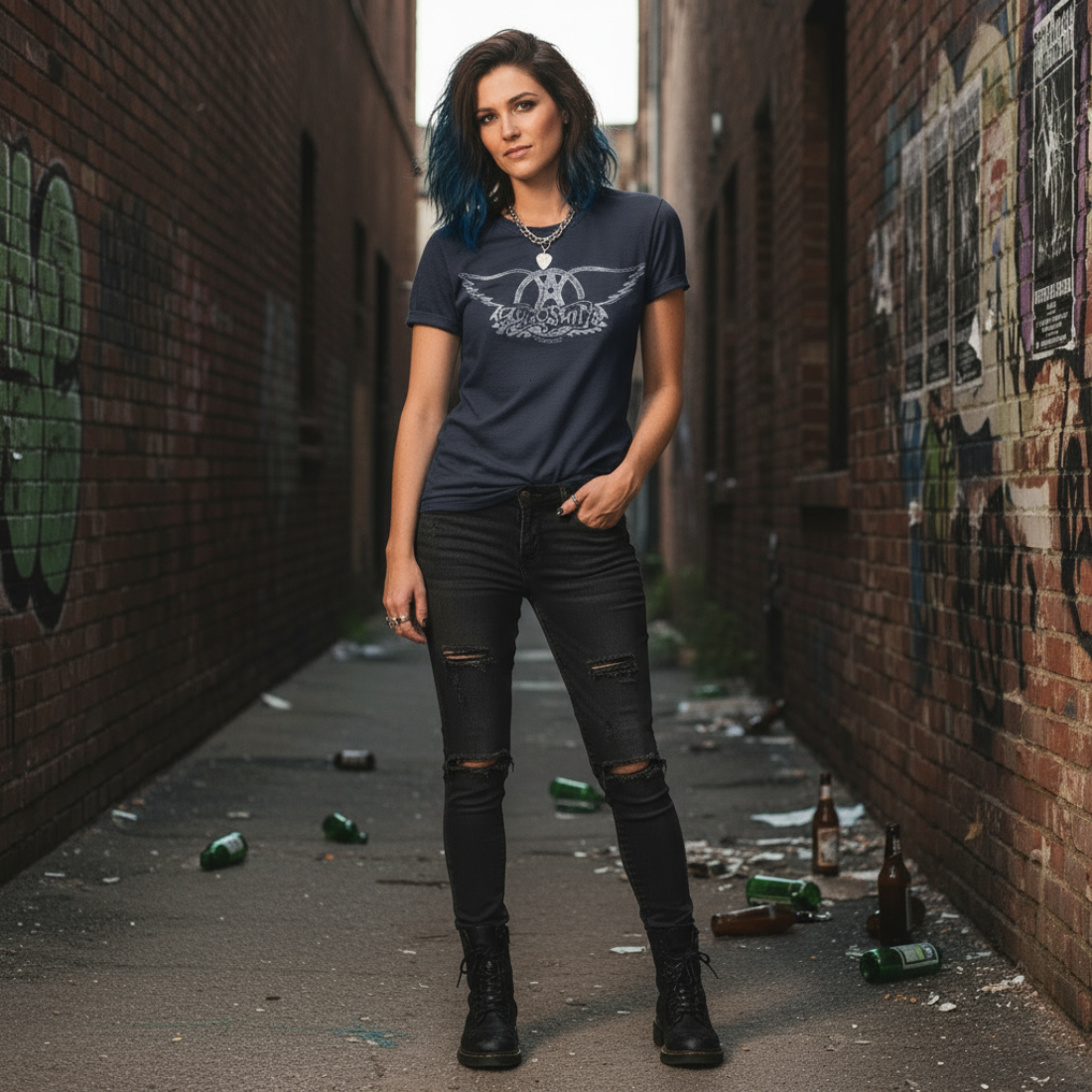 Woman wearing Navy blue t-shirt with Aerosmith logo AERO571S, AERO571M, AERO571L, AERO571XL, AERO571XXL, AERO571XXXL, AERO571XXXXL, AERO571XXXXXL