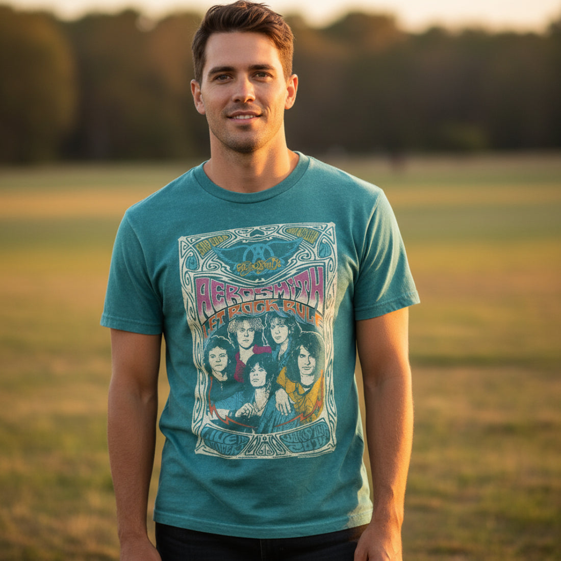 MAN WEARING Teal t-shirt with Aerosmith graphic design AERO579-CCS, AERO579-CCM, AERO579-CCL, AERO579-CCXL, AERO579-CCXXL
