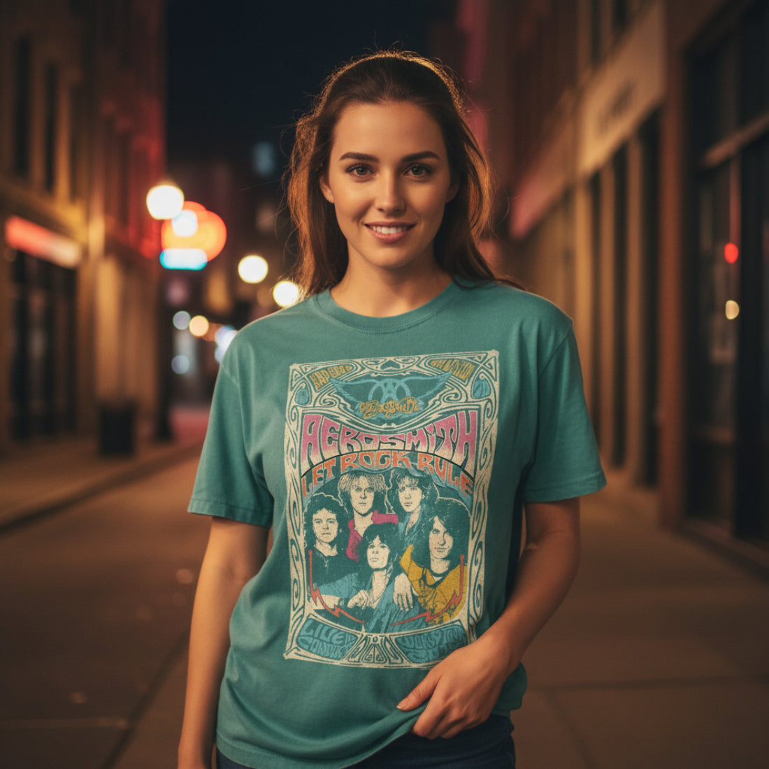 WOMAN WEARING Teal t-shirt with Aerosmith graphic design AERO579-CCS, AERO579-CCM, AERO579-CCL, AERO579-CCXL, AERO579-CCXXL