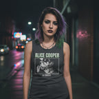 WOMAN WEARING Black tank top with Alice Cooper graphic and text ACOOP518-329S, ACOOP518-329M, ACOOP518-329L, ACOOP518-329XL, ACOOP518-329XXL