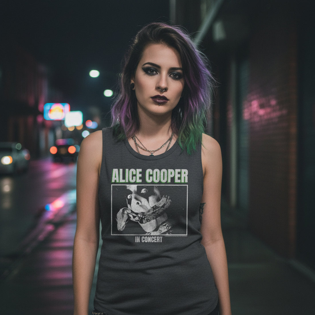 WOMAN WEARING Black tank top with Alice Cooper graphic and text ACOOP518-329S, ACOOP518-329M, ACOOP518-329L, ACOOP518-329XL, ACOOP518-329XXL