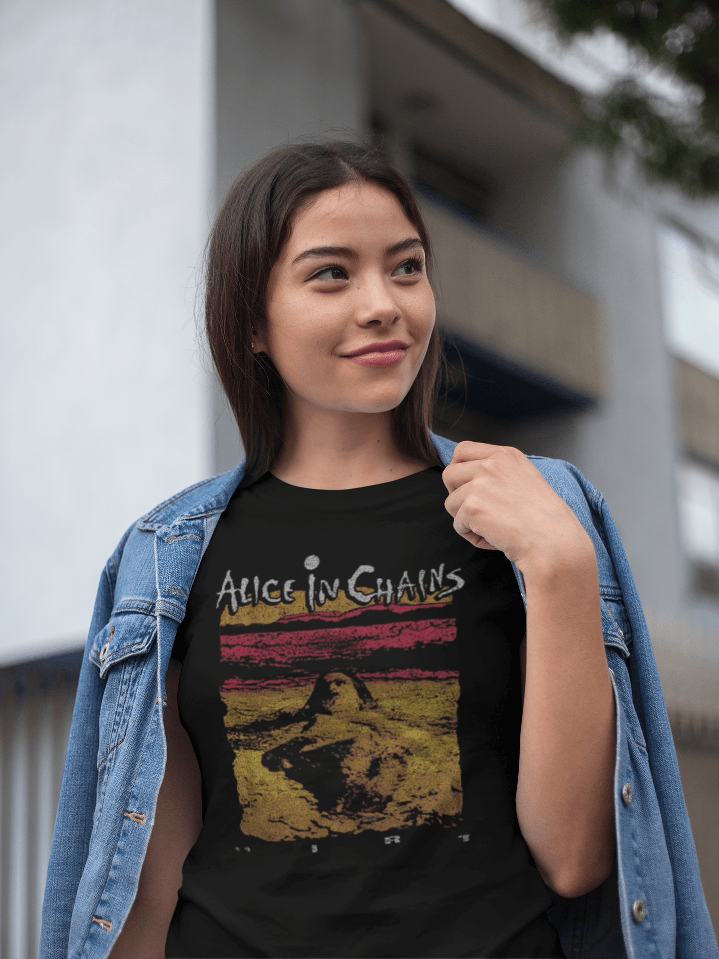 Woman wearing Alice in Chains Dirt Album Cover Official T-Shirt AIC501S, AIC501M, AIC501L, AIC501XL, AIC501XXL, AIC501XXXL, AIC501XXXXL, AIC501XXXXXL