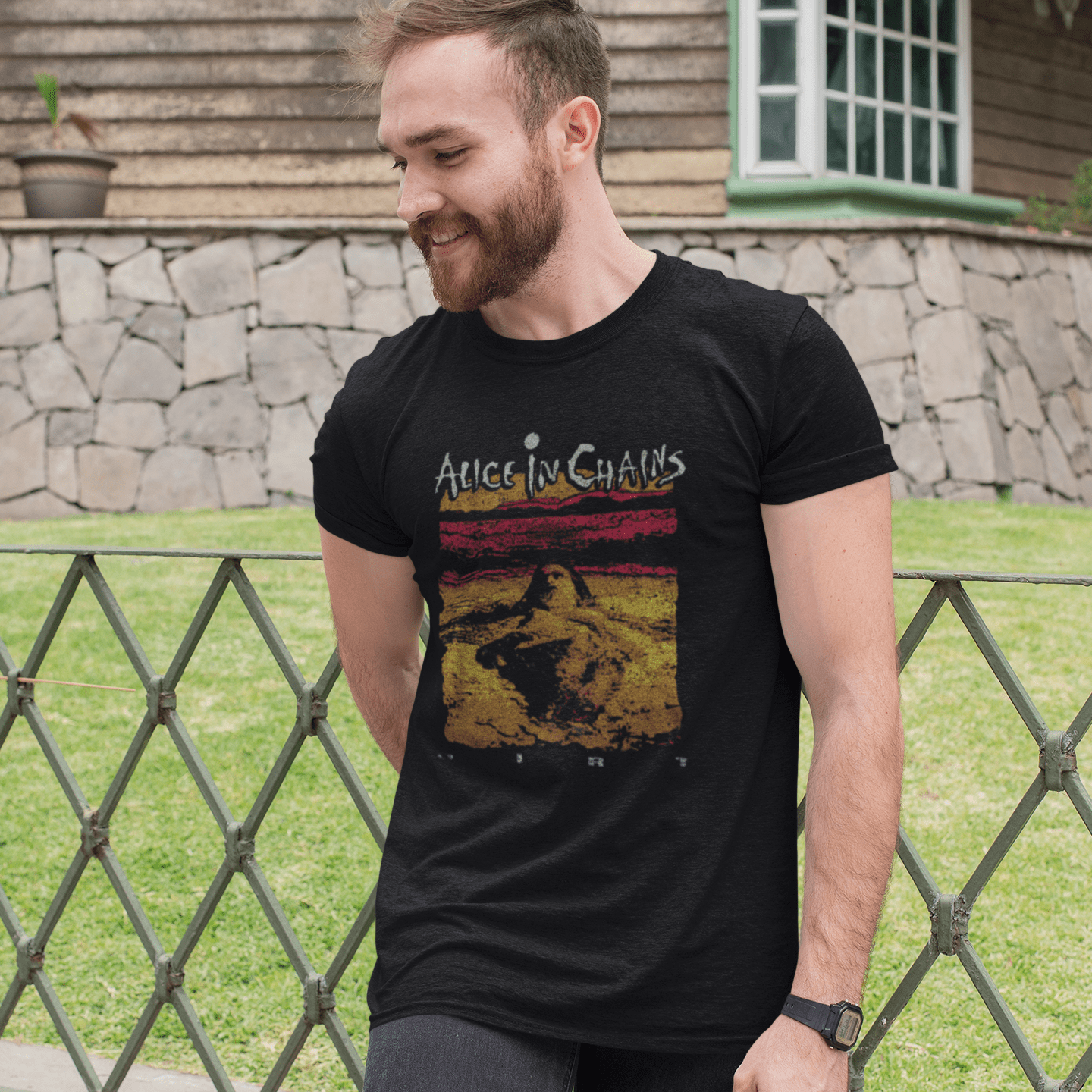 Man wearing Alice in Chains Dirt Album Cover Official T-Shirt AIC501S, AIC501M, AIC501L, AIC501XL, AIC501XXL, AIC501XXXL, AIC501XXXXL, AIC501XXXXXL