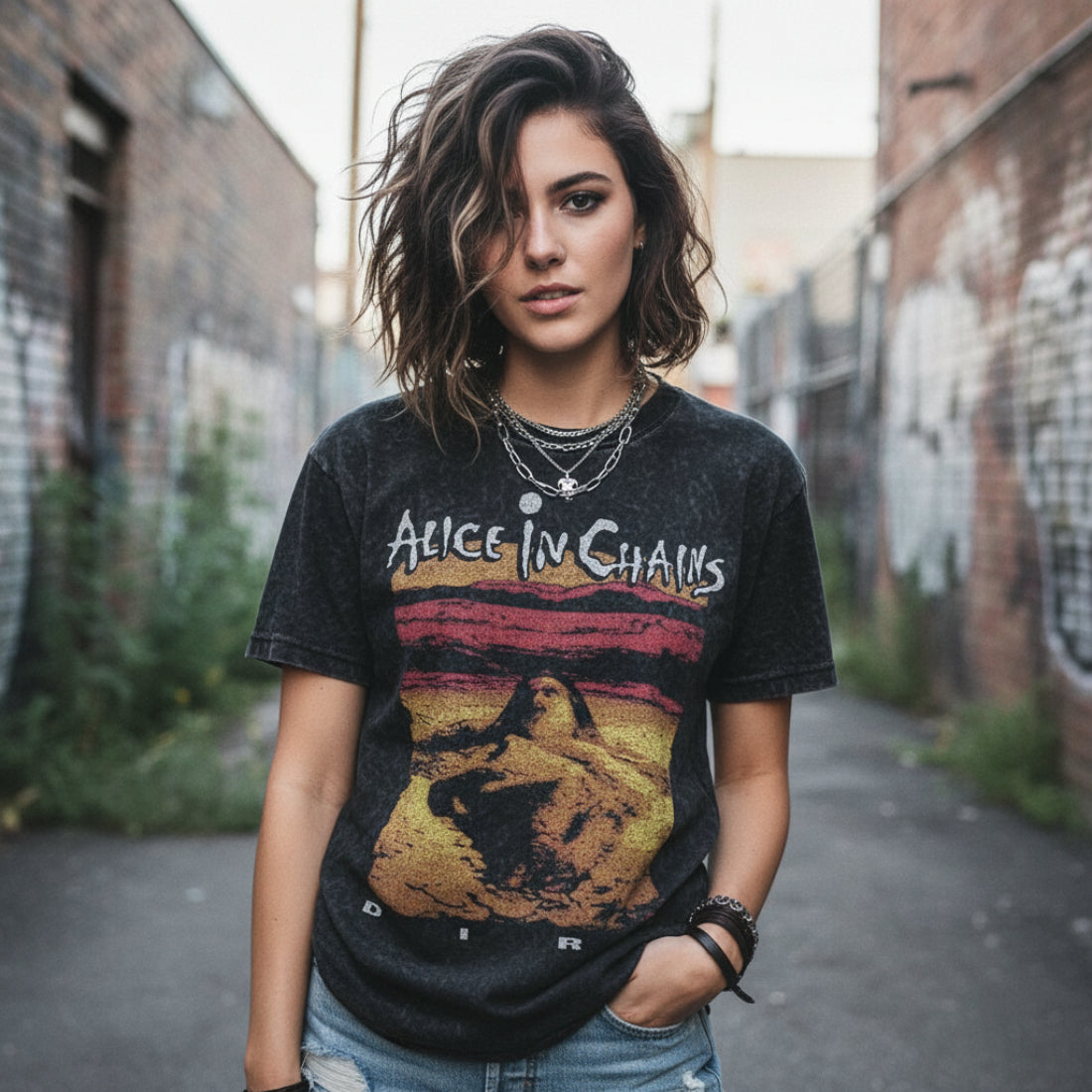 WOMAN WEARING ALICE IN CHAINS DIRT SHIRT AIC501-MINWSHS, AIC501-MINWSHM, AIC501-MINWSHL, AIC501-MINWSHXL, AIC501-MINWSHXXL