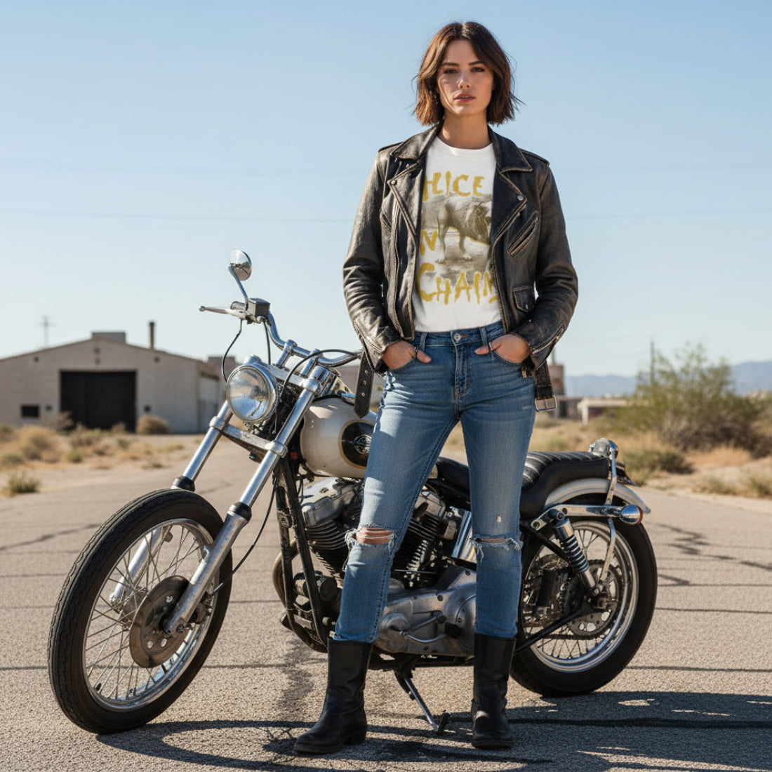 Woman wearing White t-shirt with 'Alice in Chains' logo featuring a dog AIC521-CCS, AIC521-CCM, AIC521-CCL, AIC521-CCXL, AIC521-CCXXL