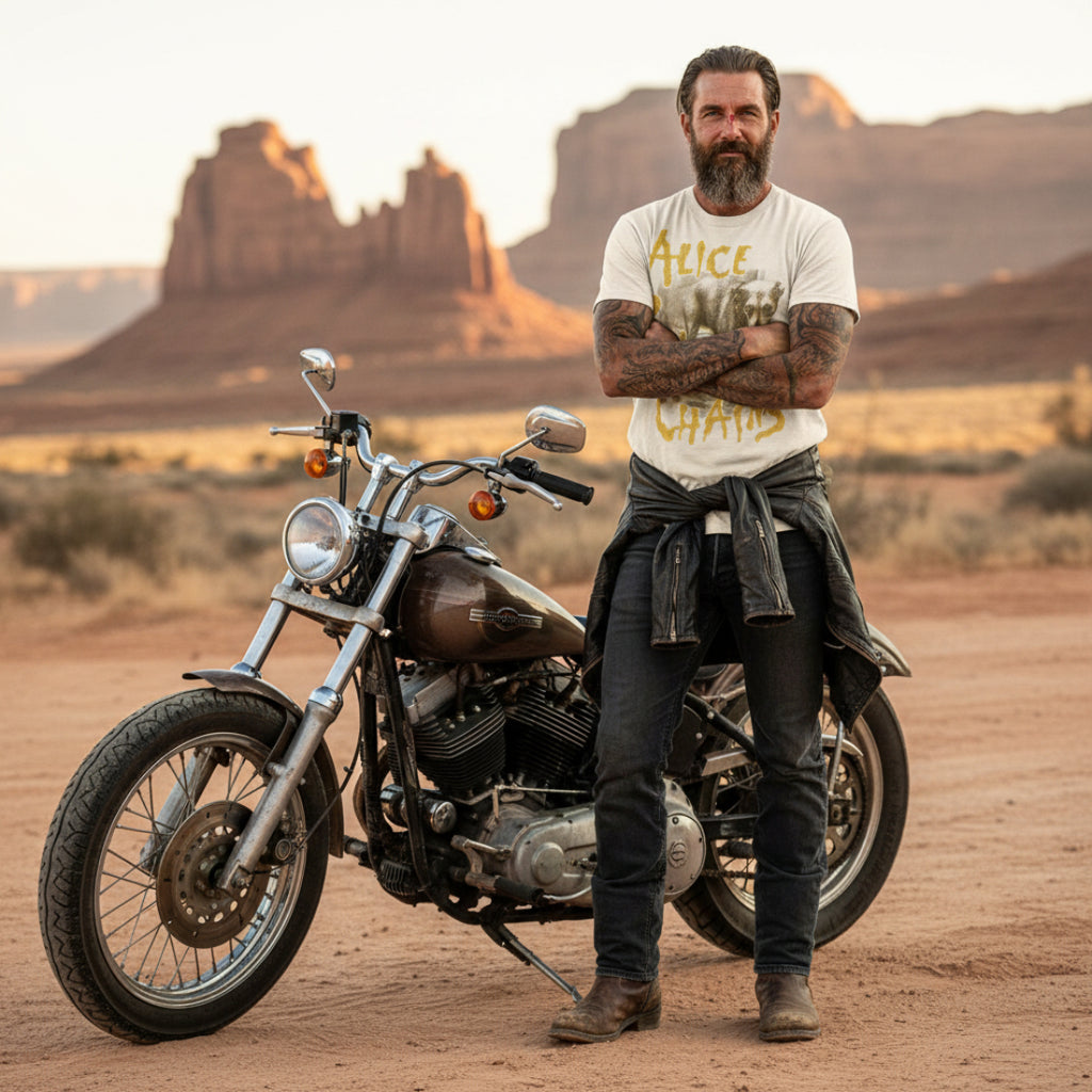 Man wearing White t-shirt with 'Alice in Chains' logo featuring a dog AIC521-CCS, AIC521-CCM, AIC521-CCL, AIC521-CCXL, AIC521-CCXXL