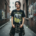 Woman wearing Black t-shirt with a graphic of a dog and 'Alice in Chains' text. AIC504S, AIC504M, AIC504L, AIC504XL, AIC504XXL, AIC504XXXL, AIC504XXXXL, AIC504XXXXXL