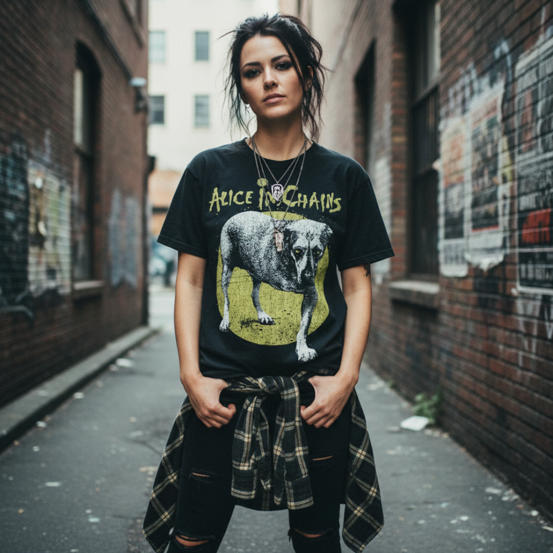 Woman wearing Black t-shirt with a graphic of a dog and 'Alice in Chains' text. AIC504S, AIC504M, AIC504L, AIC504XL, AIC504XXL, AIC504XXXL, AIC504XXXXL, AIC504XXXXXL