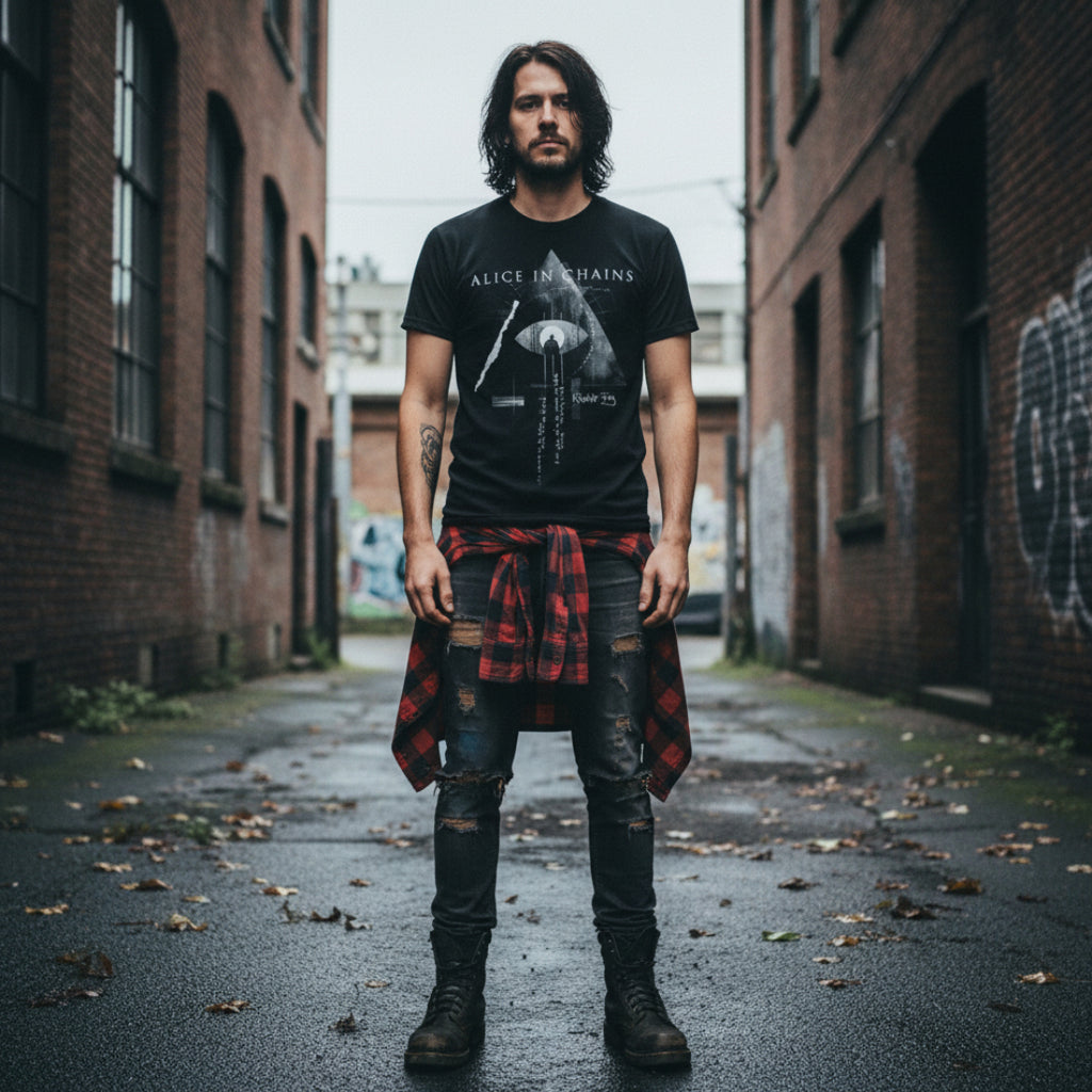 MAN WEARING Black t-shirt with 'Alice in Chains' graphic design featuring an eye and cross. AIC519S, AIC519M, AIC519L, AIC519XL, AIC519XXL, AIC519XXXL, AIC519XXXXL, AIC519XXXXXL