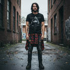 MAN WEARING Black t-shirt with 'Alice in Chains' graphic design featuring an eye and cross. AIC519S, AIC519M, AIC519L, AIC519XL, AIC519XXL, AIC519XXXL, AIC519XXXXL, AIC519XXXXXL