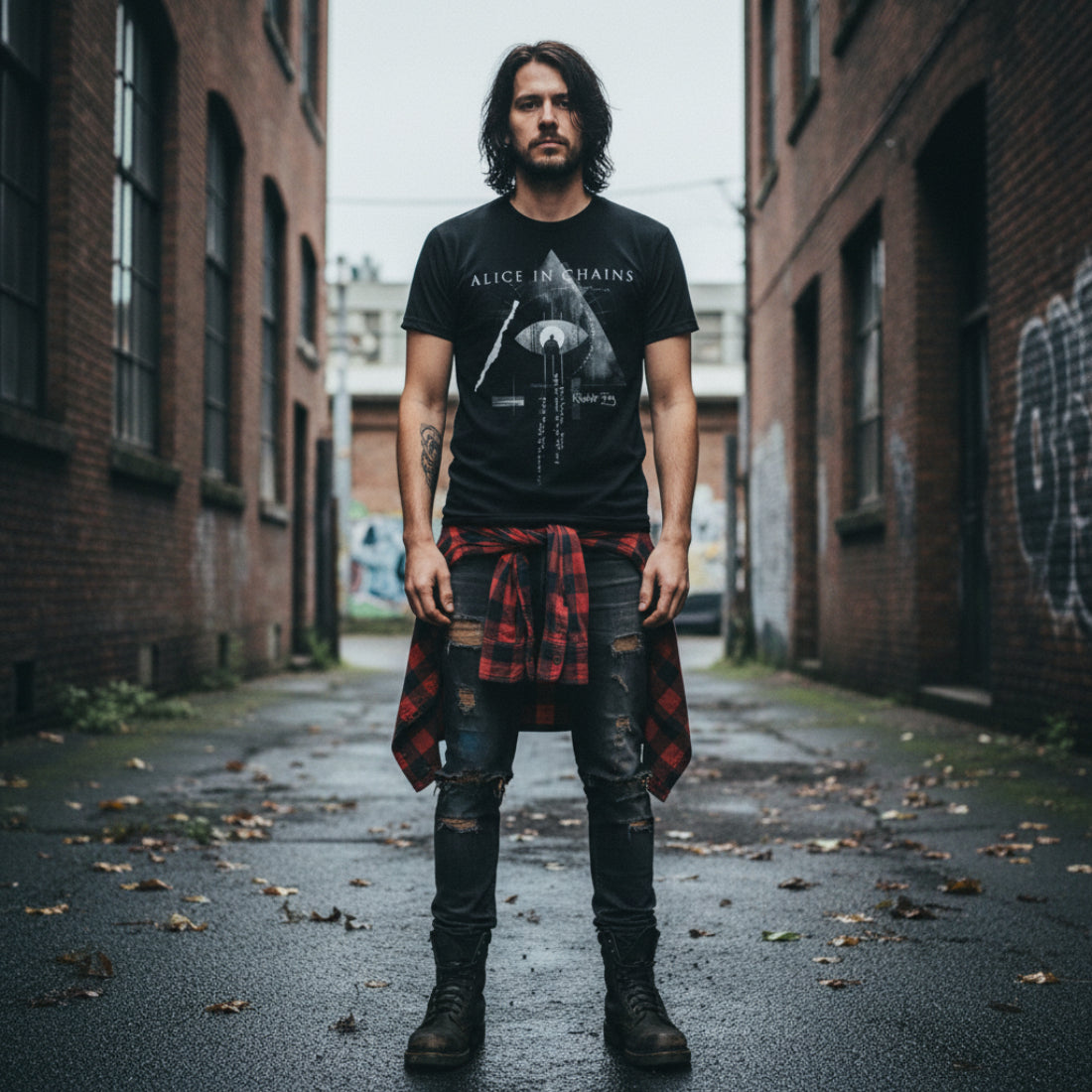 MAN WEARING Black t-shirt with 'Alice in Chains' graphic design featuring an eye and cross. AIC519S, AIC519M, AIC519L, AIC519XL, AIC519XXL, AIC519XXXL, AIC519XXXXL, AIC519XXXXXL