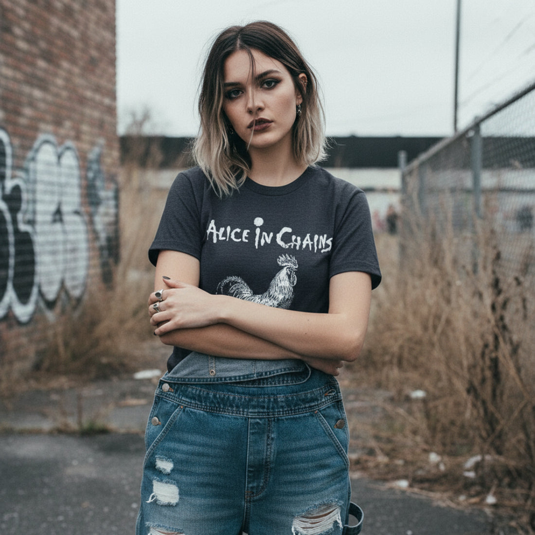 WOMAN WEARING Dark gray t-shirt with a rooster graphic and 'Alice in Chains' text AIC516S, AIC516M, AIC516L, AIC516XL, AIC516XXL, AIC516XXXL, AIC516XXXXL, AIC516XXXXXL