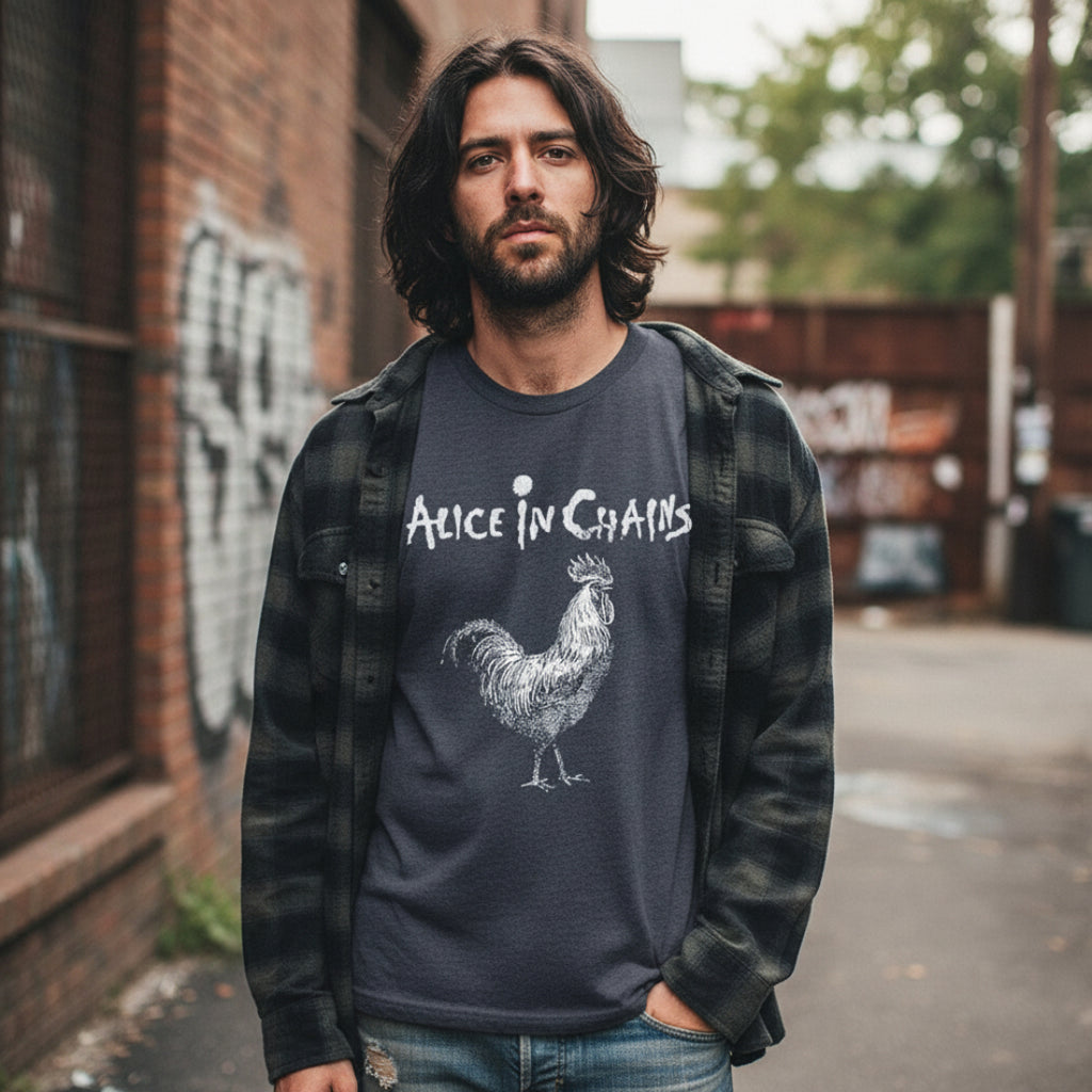 MAN WEARING Dark gray t-shirt with a rooster graphic and 'Alice in Chains' text AIC516S, AIC516M, AIC516L, AIC516XL, AIC516XXL, AIC516XXXL, AIC516XXXXL, AIC516XXXXXL