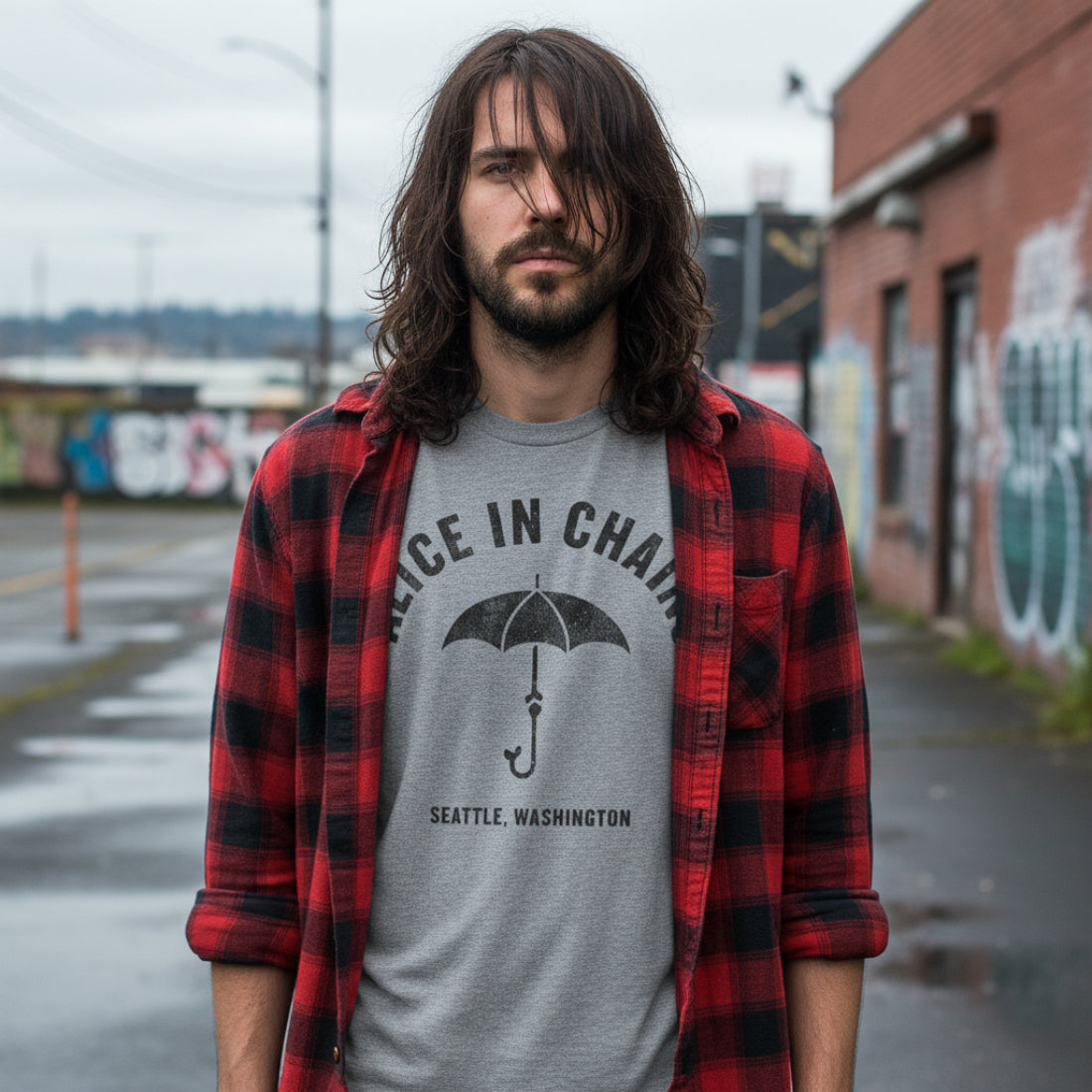 Gray t-shirt with 'Alice in Chains' logo featuring an umbrella on a white background AIC518S, AIC518M, AIC518L, AIC518XL, AIC518XXL, AIC518XXXL, AIC518XXXXL, AIC518XXXXXL