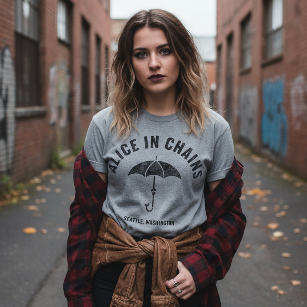 WOMAN WEARING ALICE IN CHAINS LOGO SEATTLE SHIRT AIC518S, AIC518M, AIC518L, AIC518XL, AIC518XXL, AIC518XXXL, AIC518XXXXL, AIC518XXXXXL